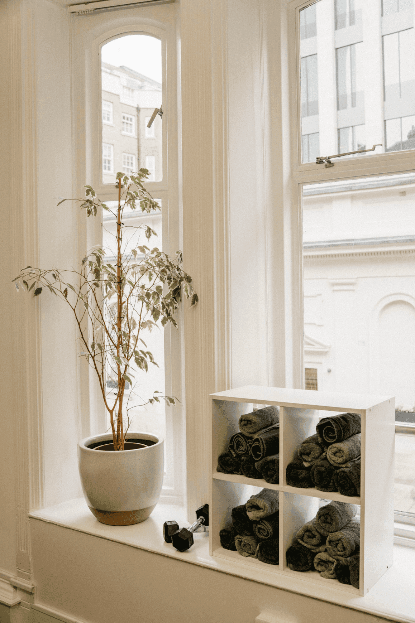 Bright Marylebone treatment room with a plant and rolled towels by the window