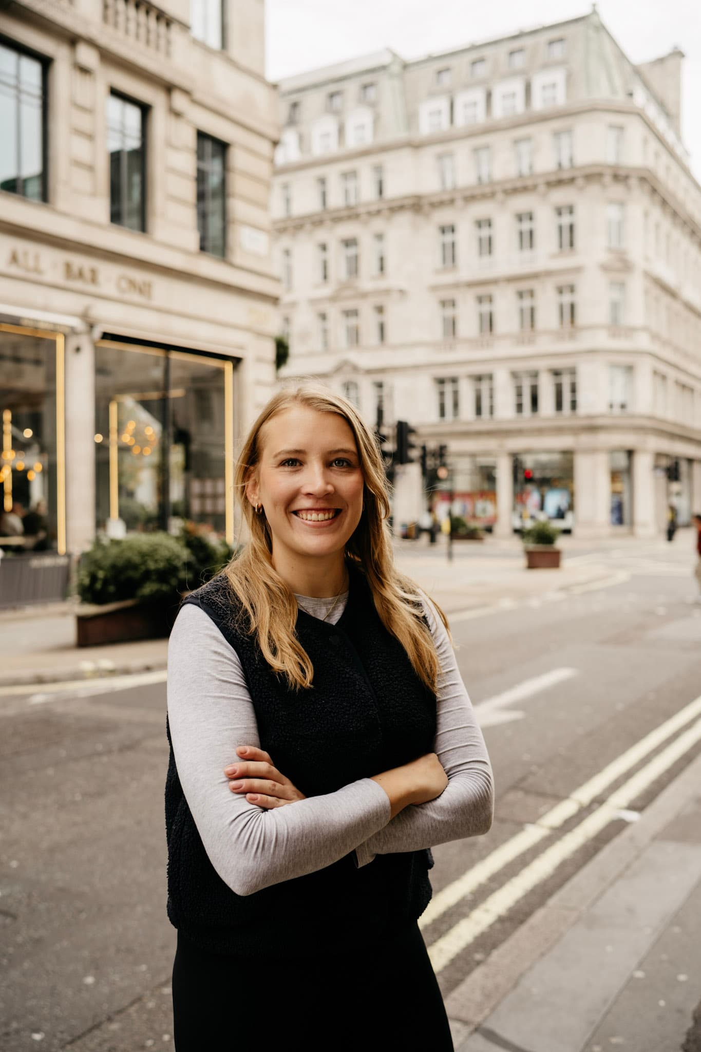 Melissa Reynolds, sports physiotherapist, standing on a Marylebone street in London